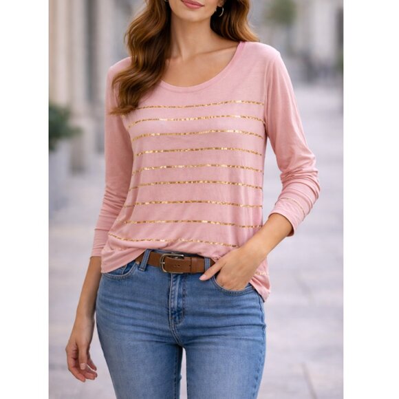 Apt. 9 Tops - Apt. 9 Women’s Blush Gold Sequin Stripes Long Sleeve Tee Size XL